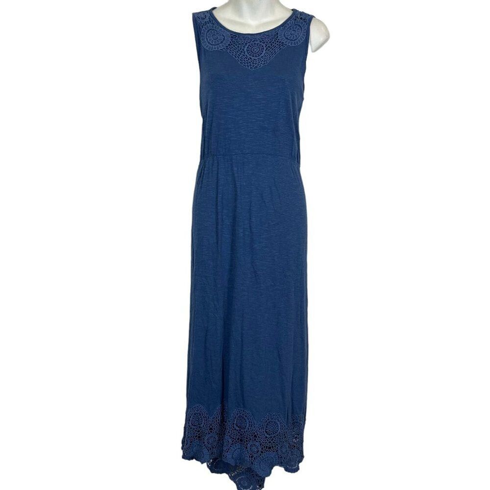 Chicos Womens Blue Knit Blouson Maxi Crochet Trim Cotton Casual Dress sz 0 4 / 6
